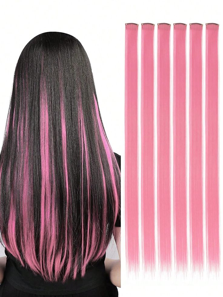 6-Piece Pink Clip-In Hair Extensions – Long Straight Synthetic Hair Extensions
