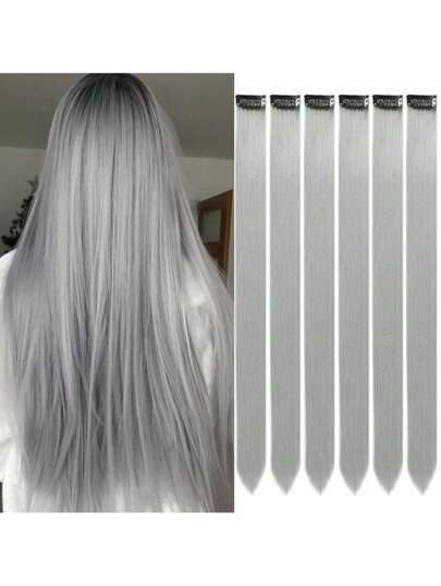 6 Pack Clip-In Hair Extensions – Long Straight Grey Synthetic Hair Extensions