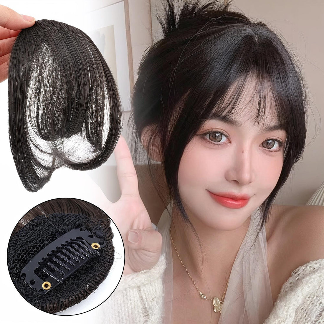 Natural Black Clip-In Air Bangs with Side Fringe – Heat Resistant Synthetic Hair Extension for Women