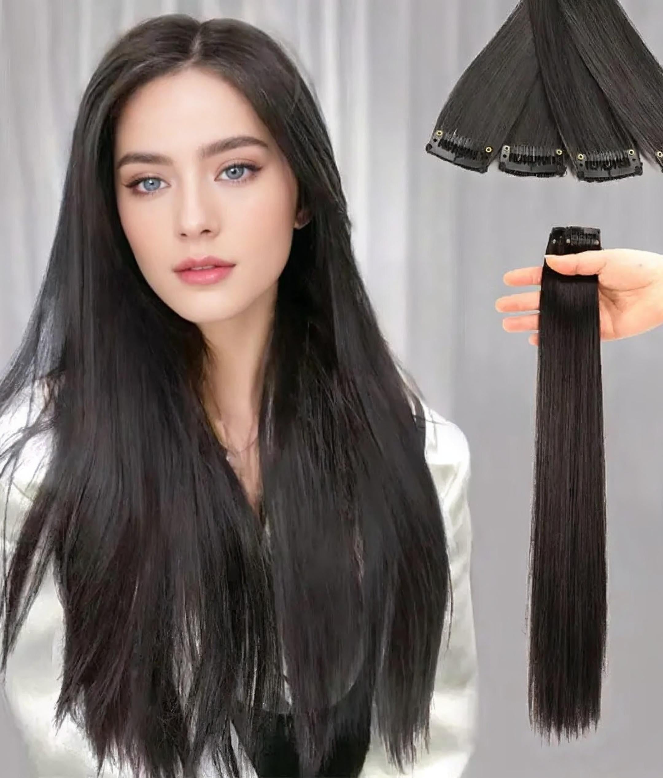 Pack Of 6 Straight Clip-In Hair Extensions – Natural Black Synthetic Hair Extensions for Women