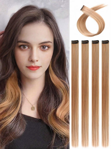 Pack Of 6 Blonde Clip-In Hair Extensions – Straight Synthetic Hair Highlights for Women