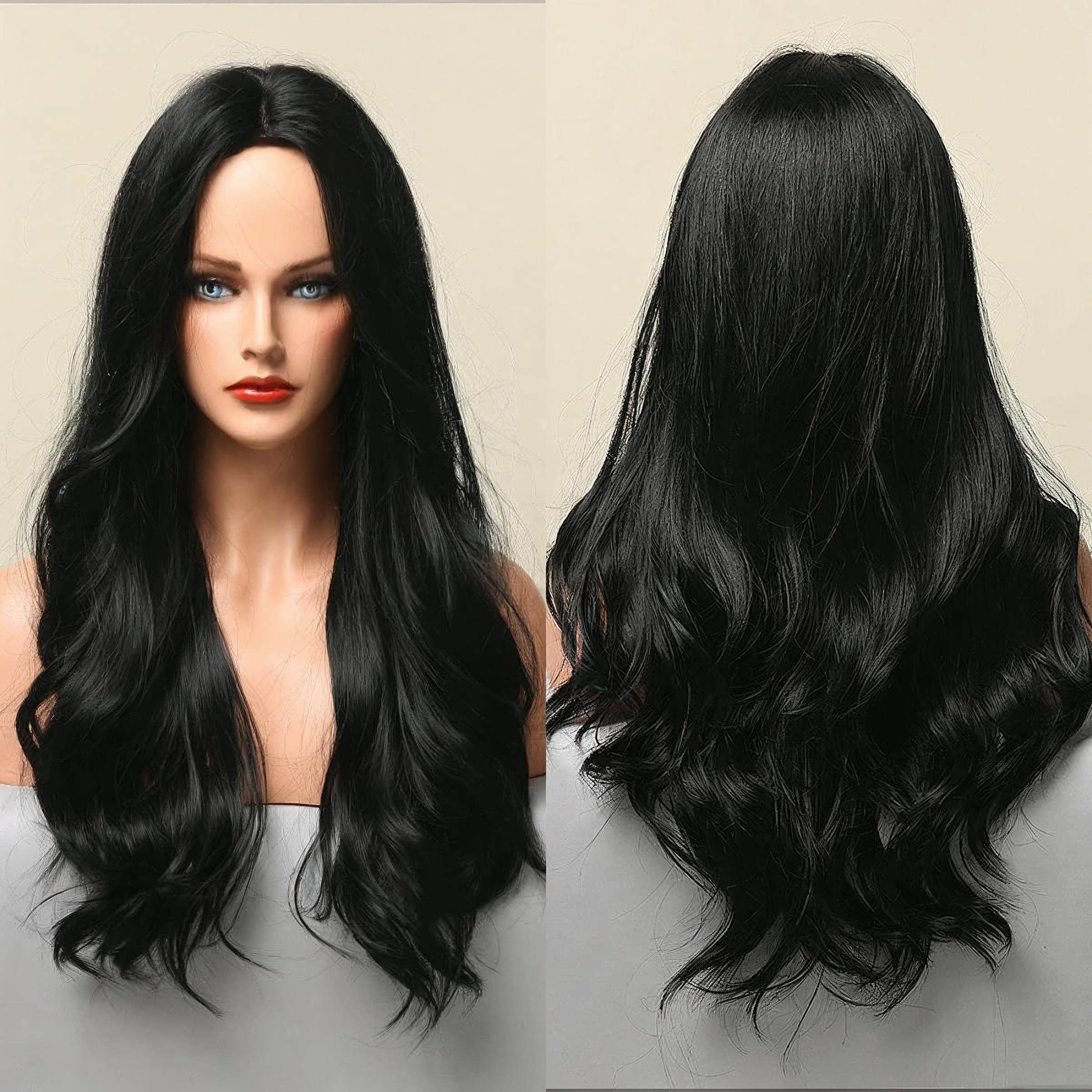 Luxury Long Wavy Black Synthetic Wig – Middle Part Heat Resistant Natural Looking Women's Wig