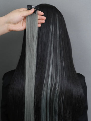 6 Pack Clip-In Hair Extensions – Long Straight Grey Synthetic Hair Extensions