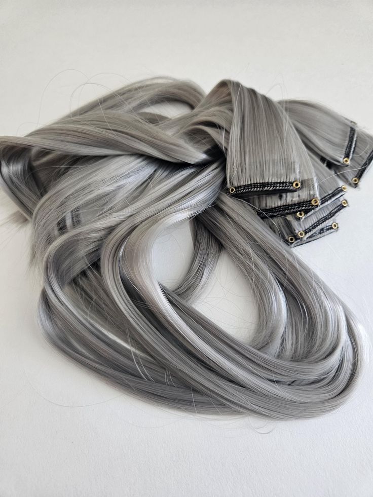 6 Pack Clip-In Hair Extensions – Long Straight Grey Synthetic Hair Extensions
