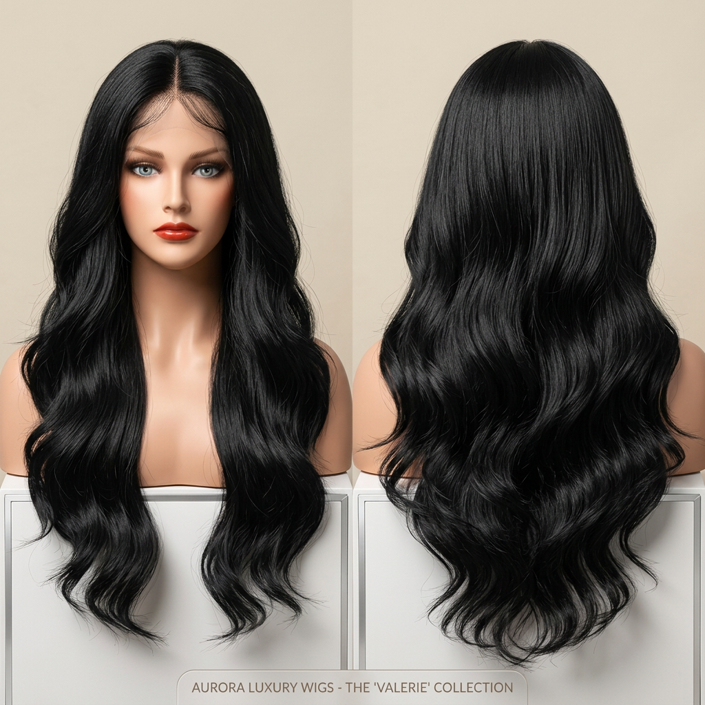 Luxury Long Wavy Black Synthetic Wig – Middle Part Heat Resistant Natural Looking Women's Wig