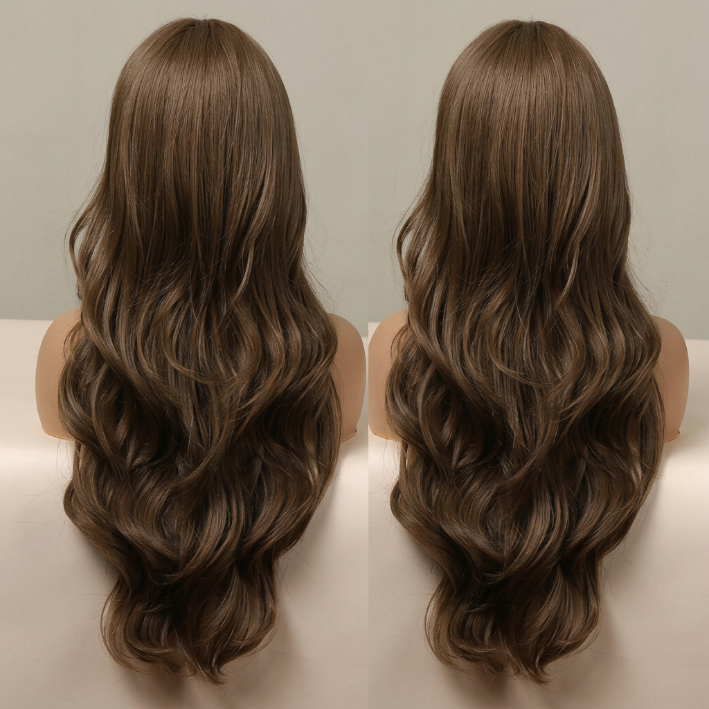 Luxury Long Golden Brown Wavy Synthetic Wig – Natural Middle Part Heat Resistant Women's Wig
