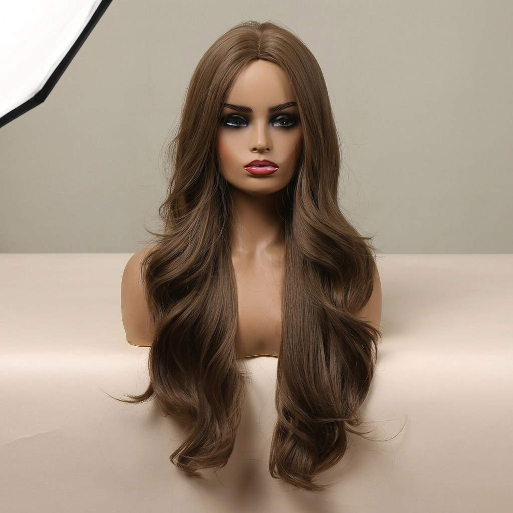 Luxury Long Golden Brown Wavy Synthetic Wig – Natural Middle Part Heat Resistant Women's Wig