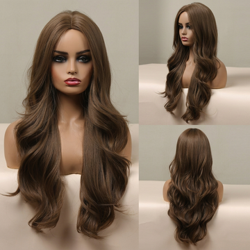 Luxury Long Golden Brown Wavy Synthetic Wig – Natural Middle Part Heat Resistant Women's Wig