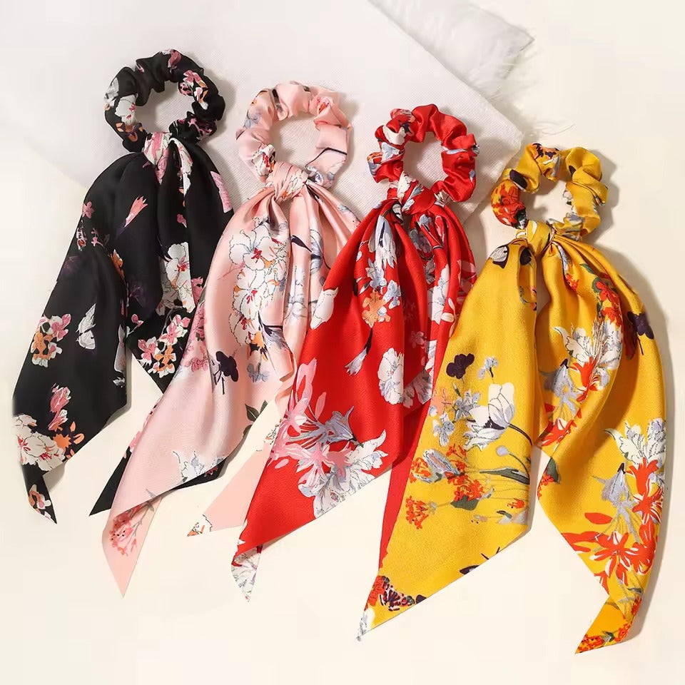 3PC Printed Shafoon, Georgette & Silk Scrunchies for Girls – Stylish Ponytail Hair Bands & Hair Accessories