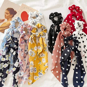 3PC Printed Shafoon, Georgette & Silk Scrunchies for Girls – Stylish Ponytail Hair Bands & Hair Accessories